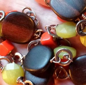 Signed GINGER .925 Silver Stone Wood Bead Necklace